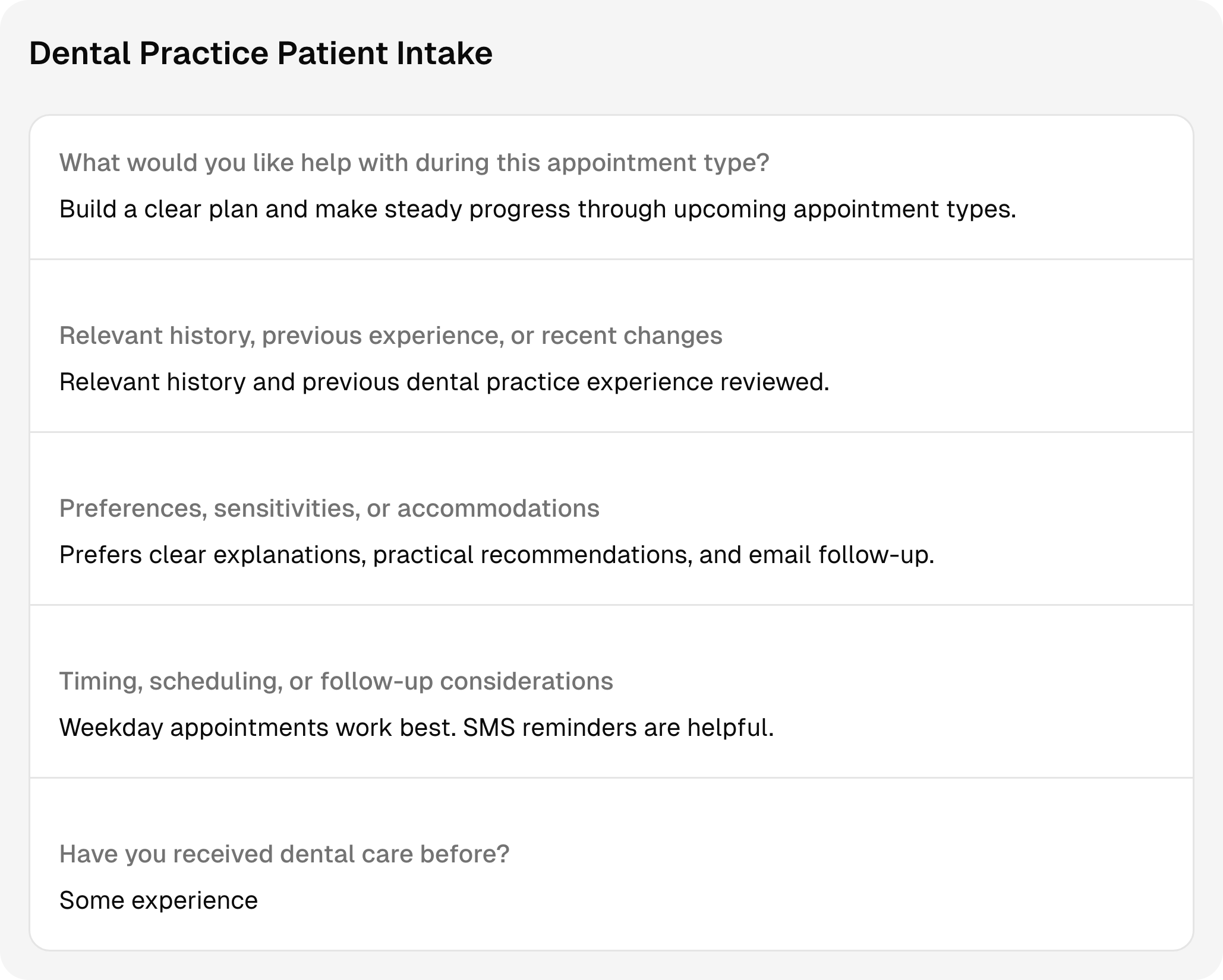Completed dental practice intake questions and answers using sample client information.