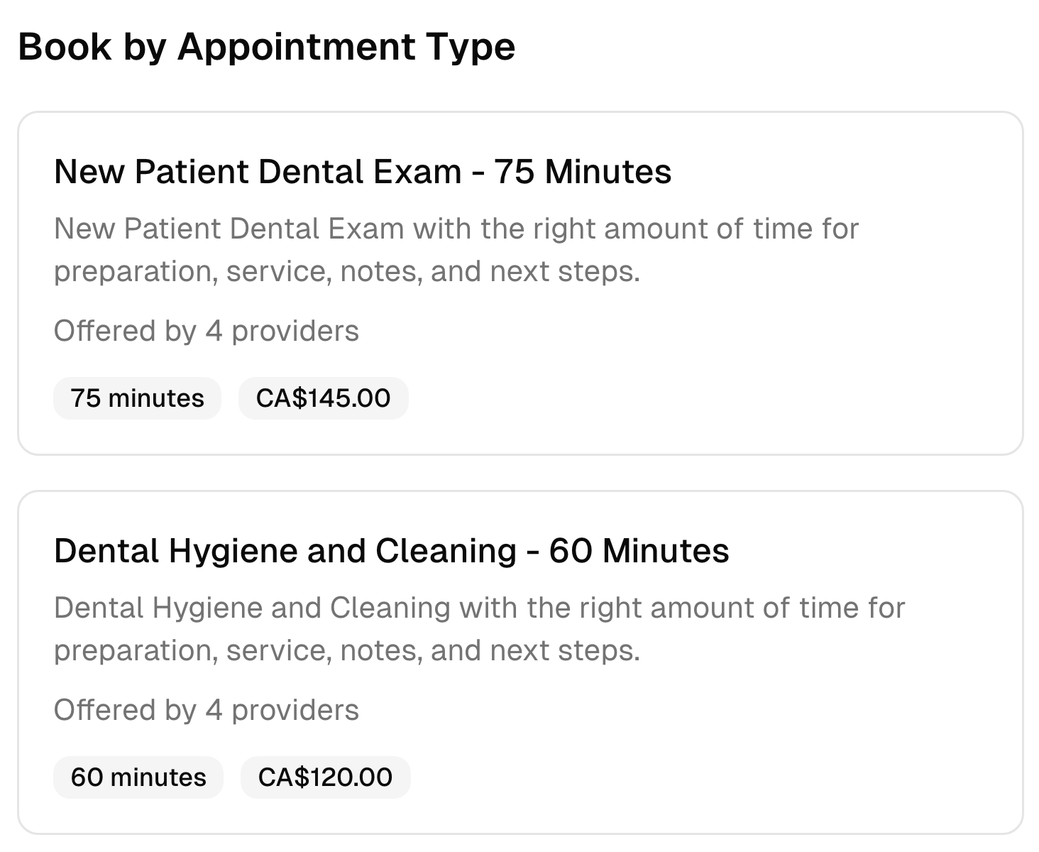 Two dental practice booking options with their descriptions, duration, team, and prices.