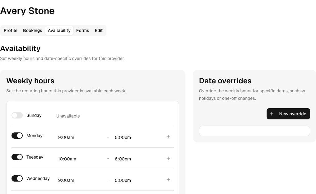Dental Practice software showing availability.