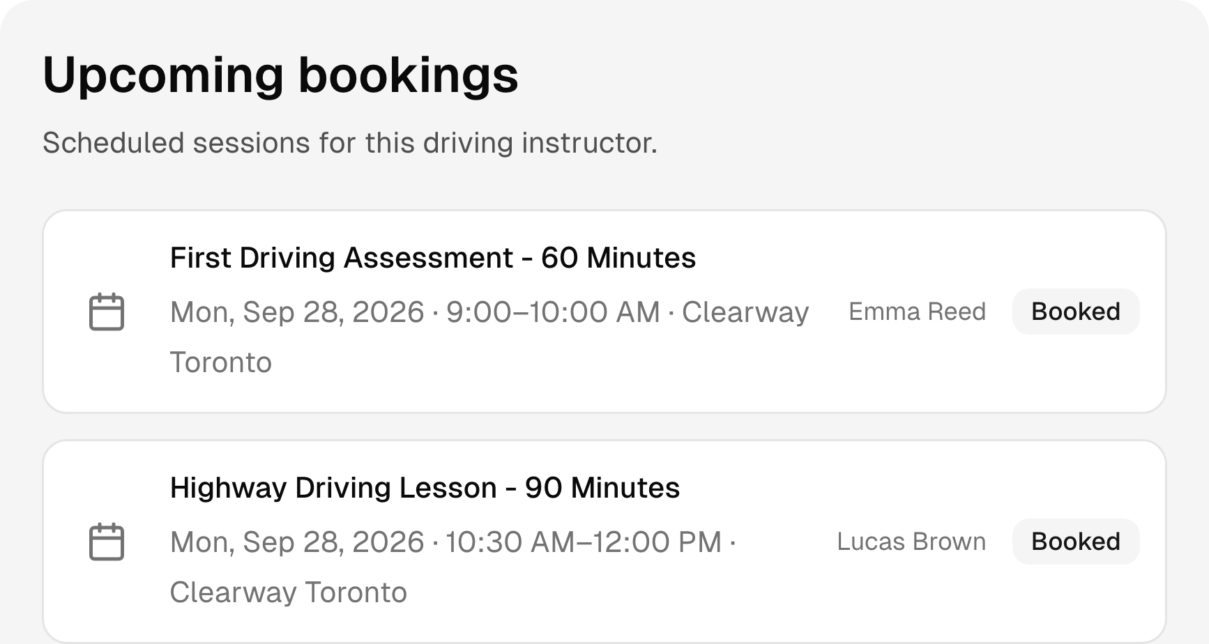 Upcoming driving school bookings with services, times, and status.