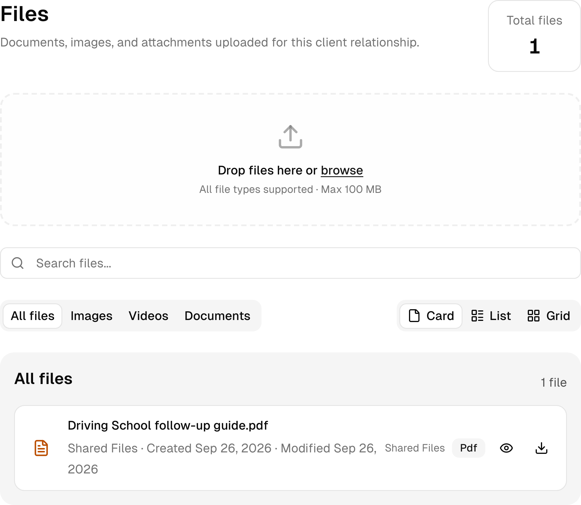Documents and shared files in a sample driving school client workspace.