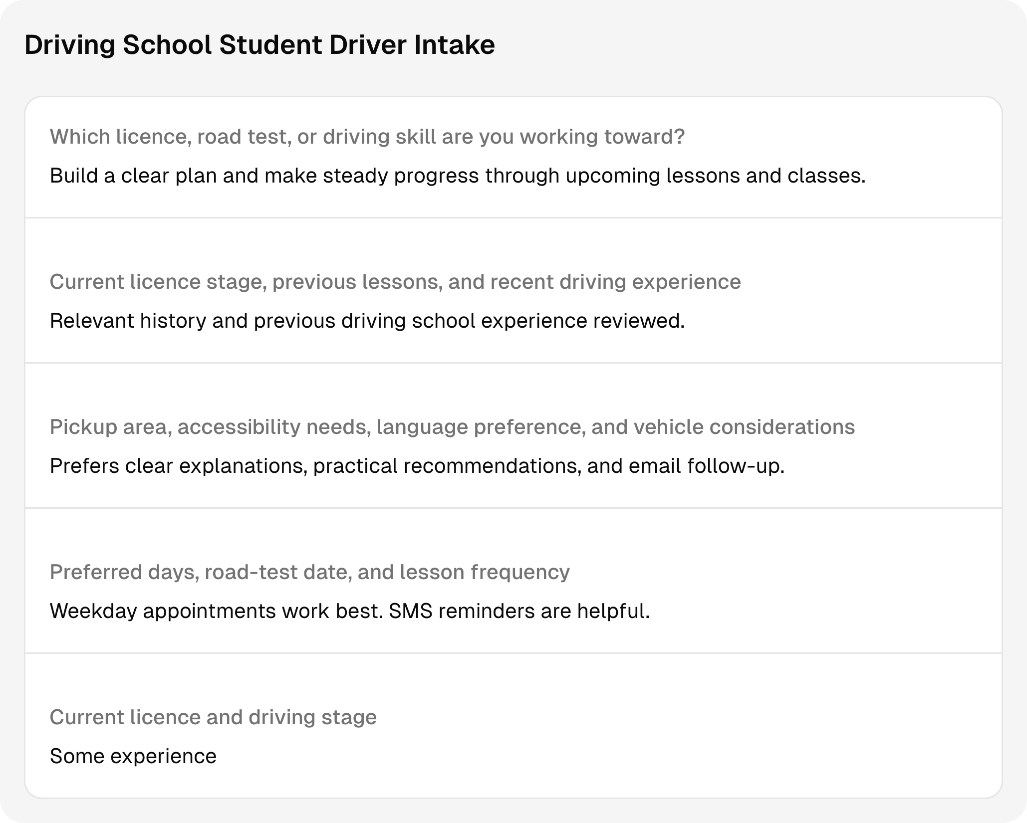 Completed driving school intake questions and answers using sample client information.