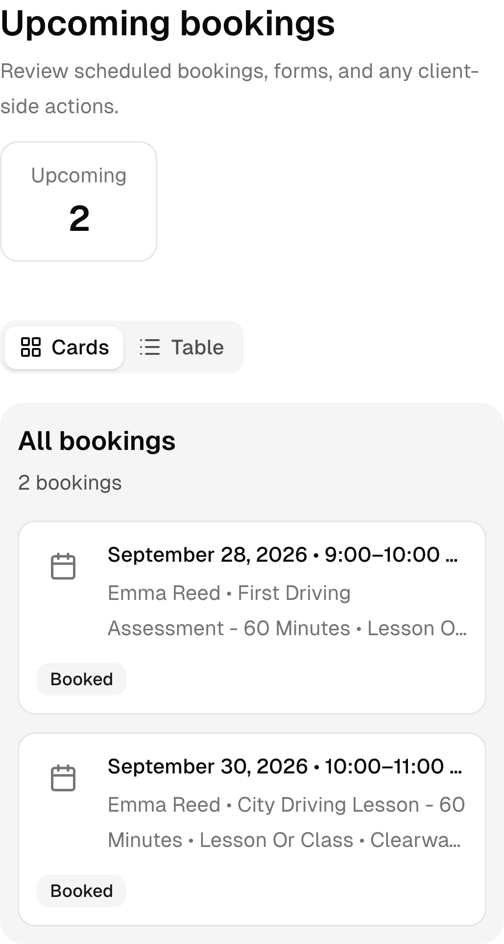 Upcoming driving school bookings in the real mobile client portal.