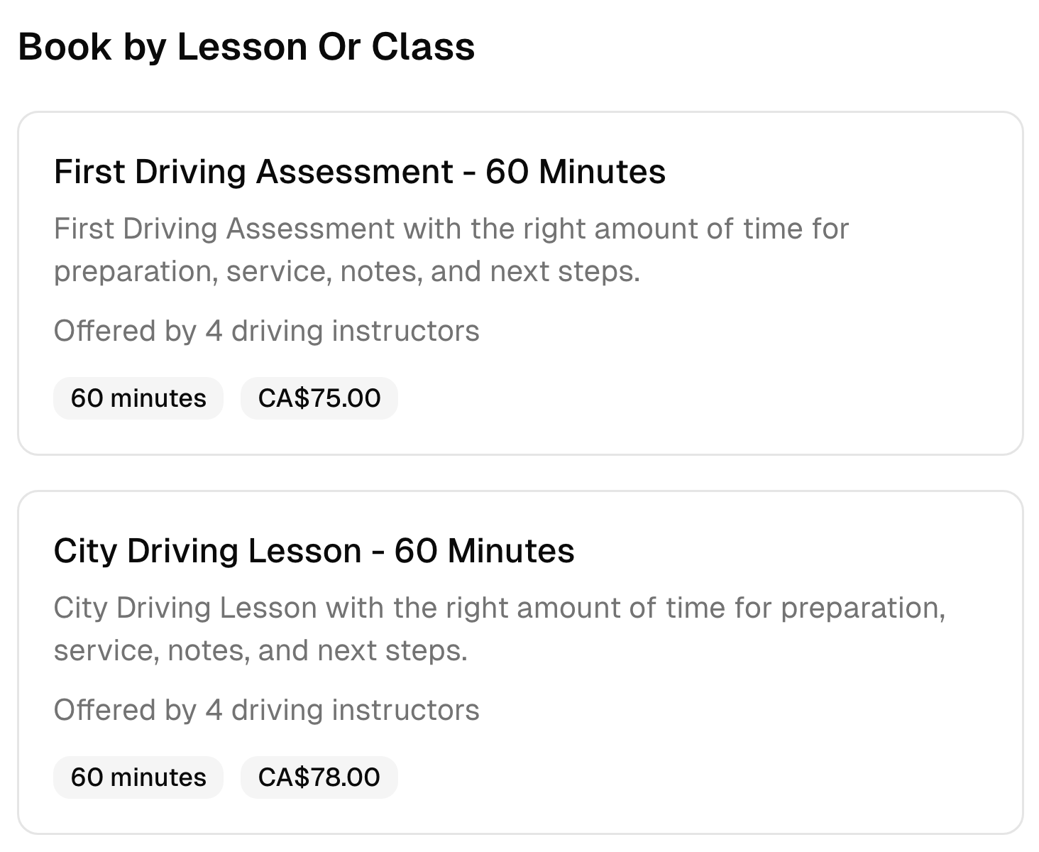 Two driving school booking options with their descriptions, duration, team, and prices.