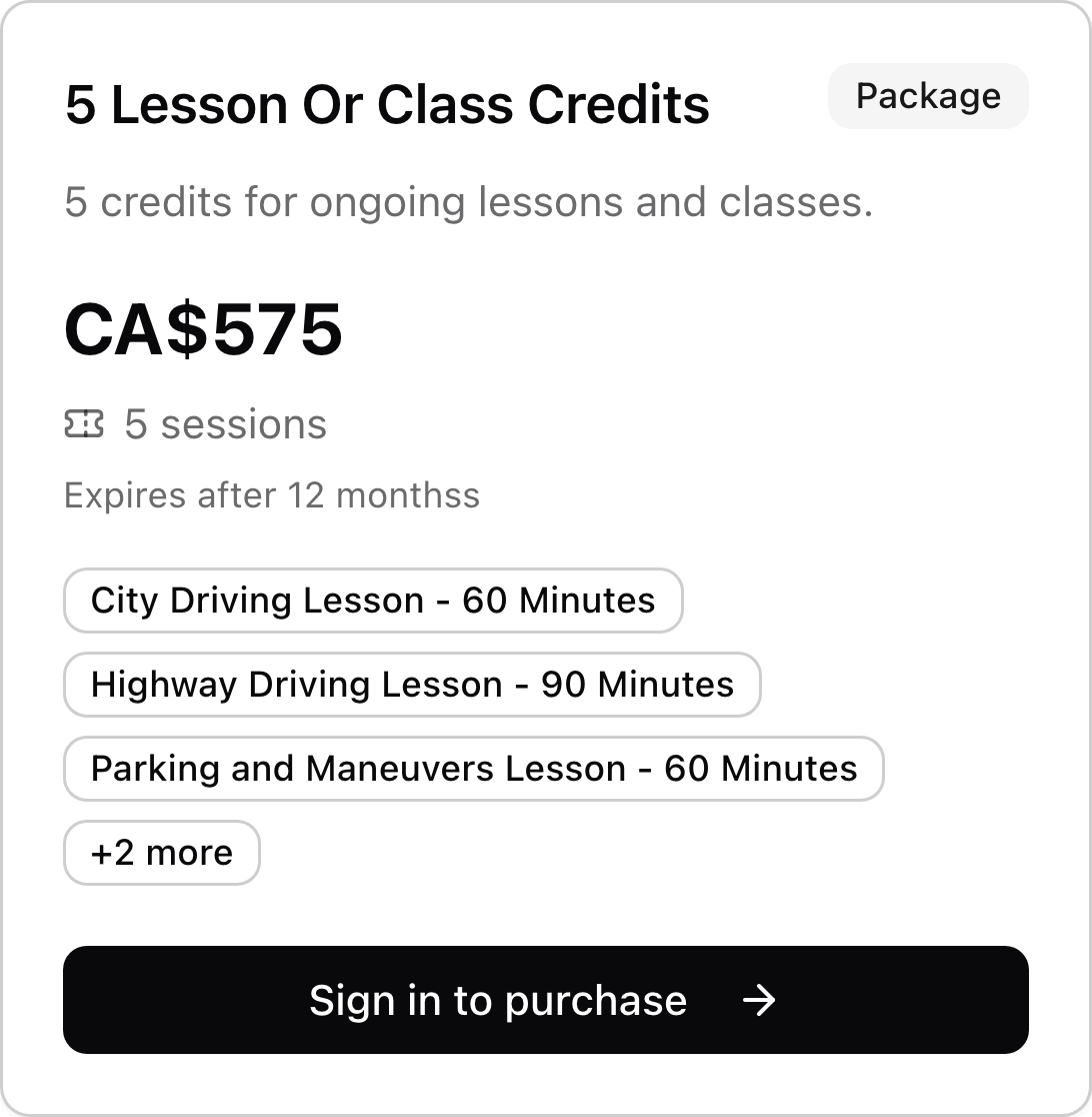 A driving school credit package with price, included services, and purchase link.
