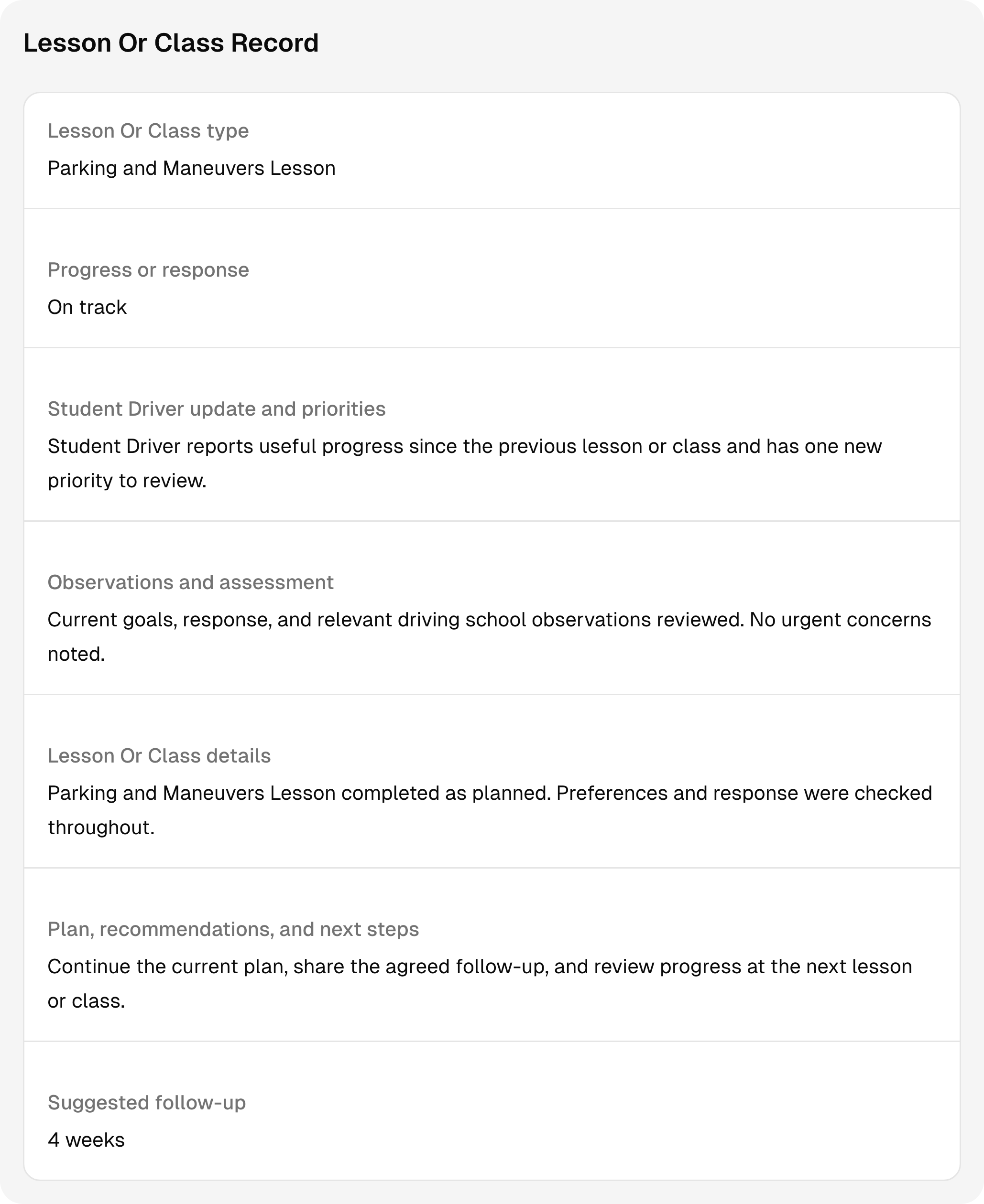 A completed driving school session record with sample notes and follow-up context.