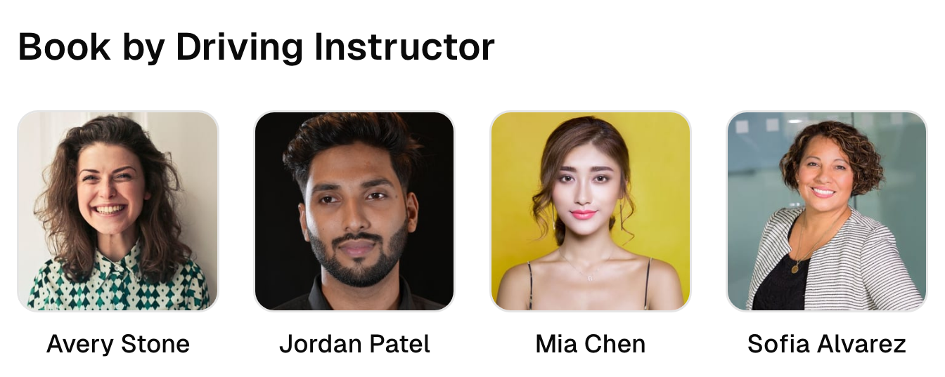 Four team profiles on the driving school booking page.