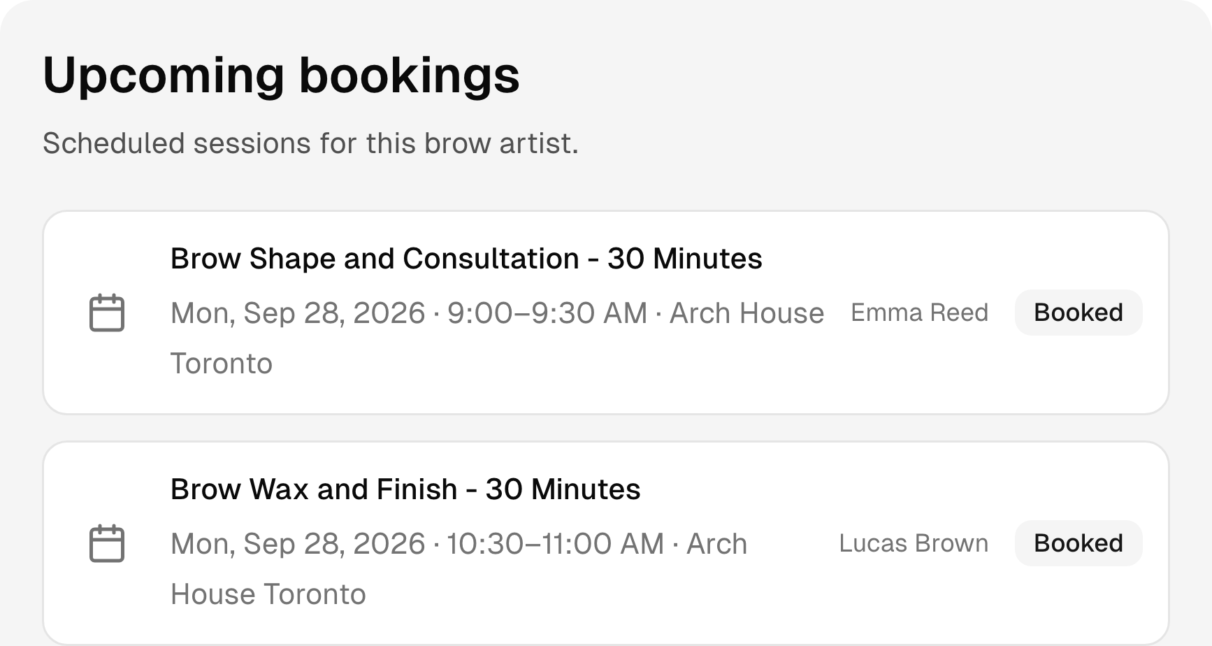 Upcoming eyebrow bar bookings with services, times, and status.