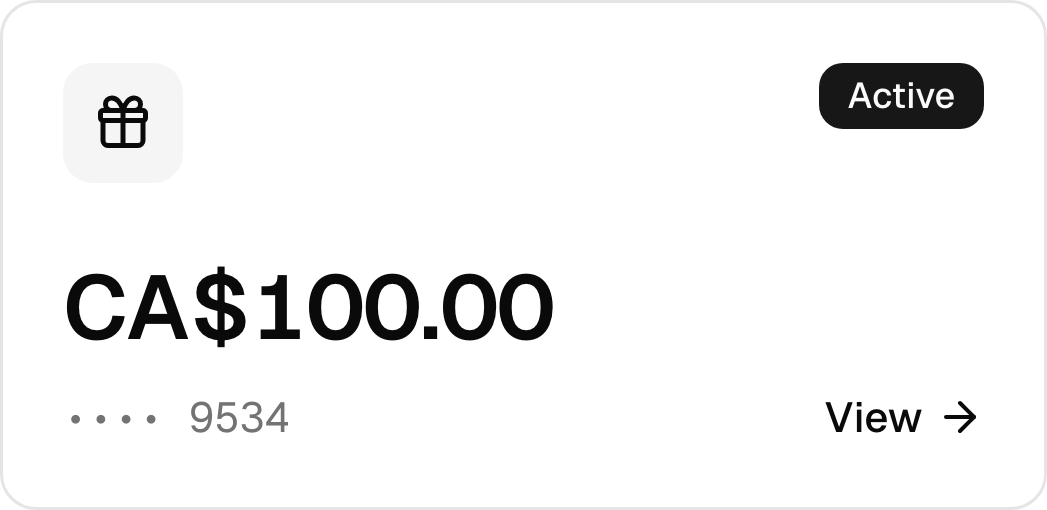 A sample gift card and its available balance in the eyebrow bar client account.