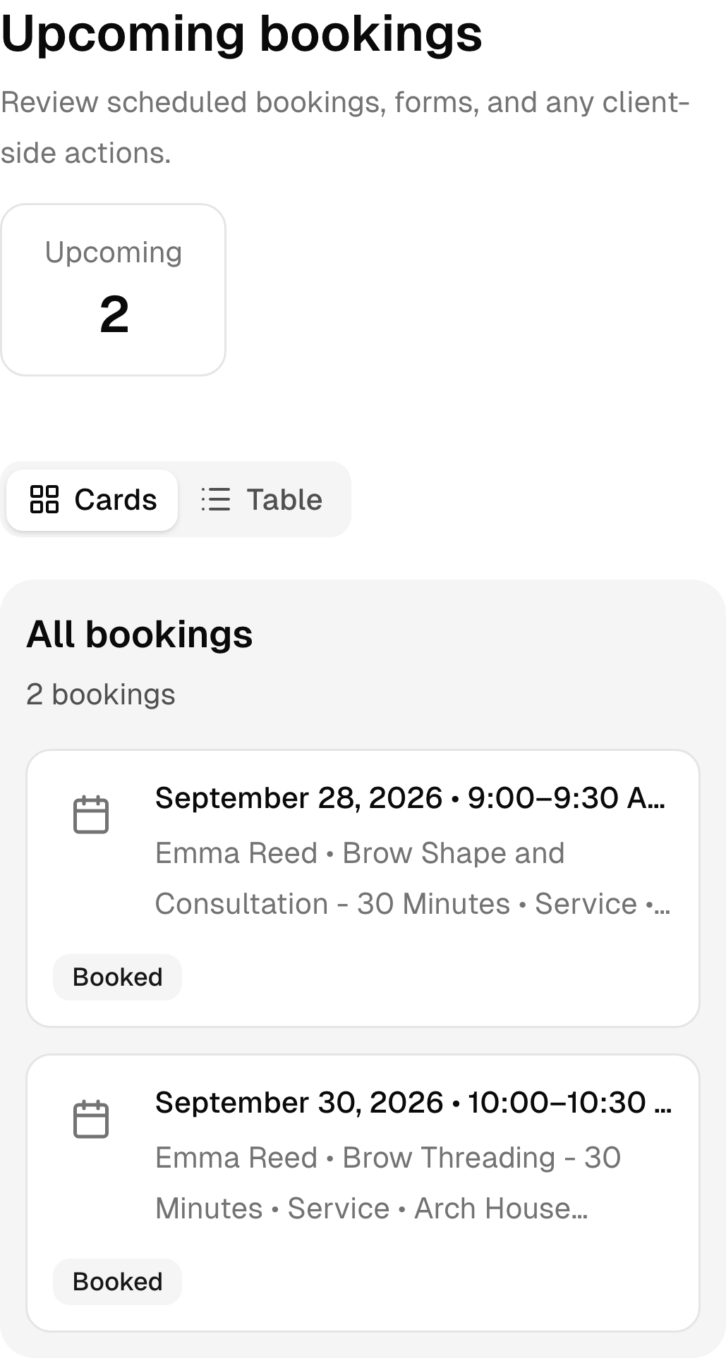 Upcoming eyebrow bar bookings in the real mobile client portal.