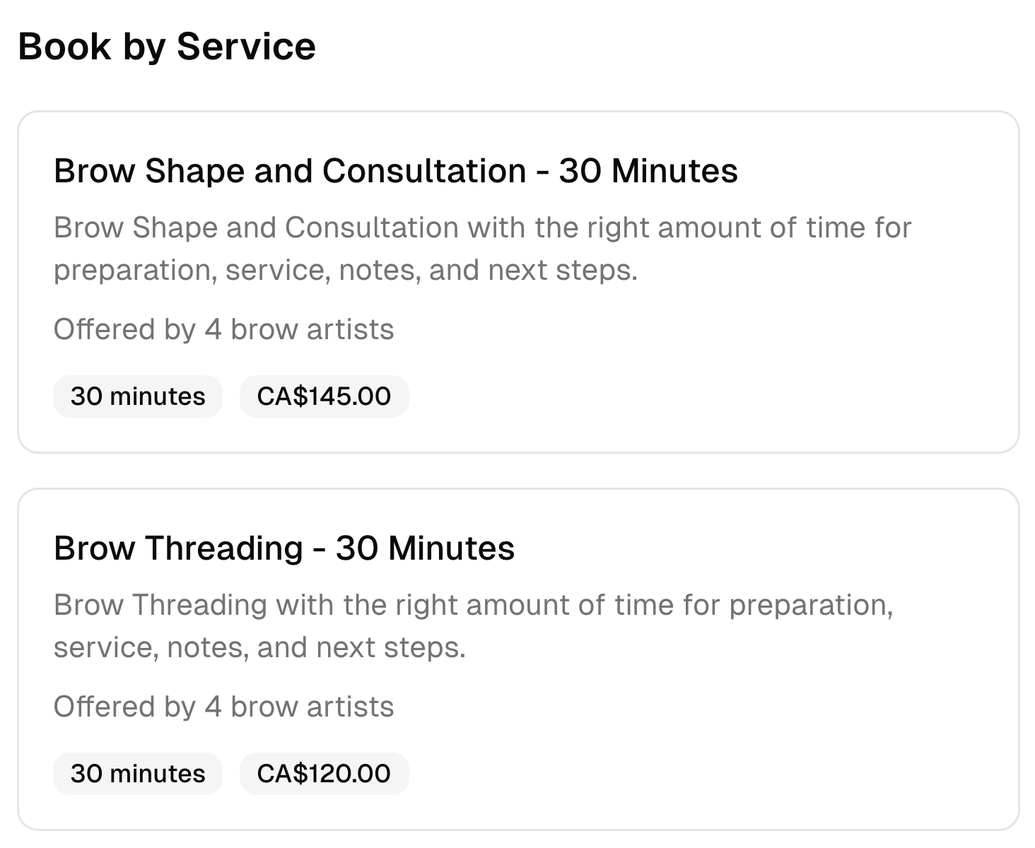 Two eyebrow bar booking options with their descriptions, duration, team, and prices.