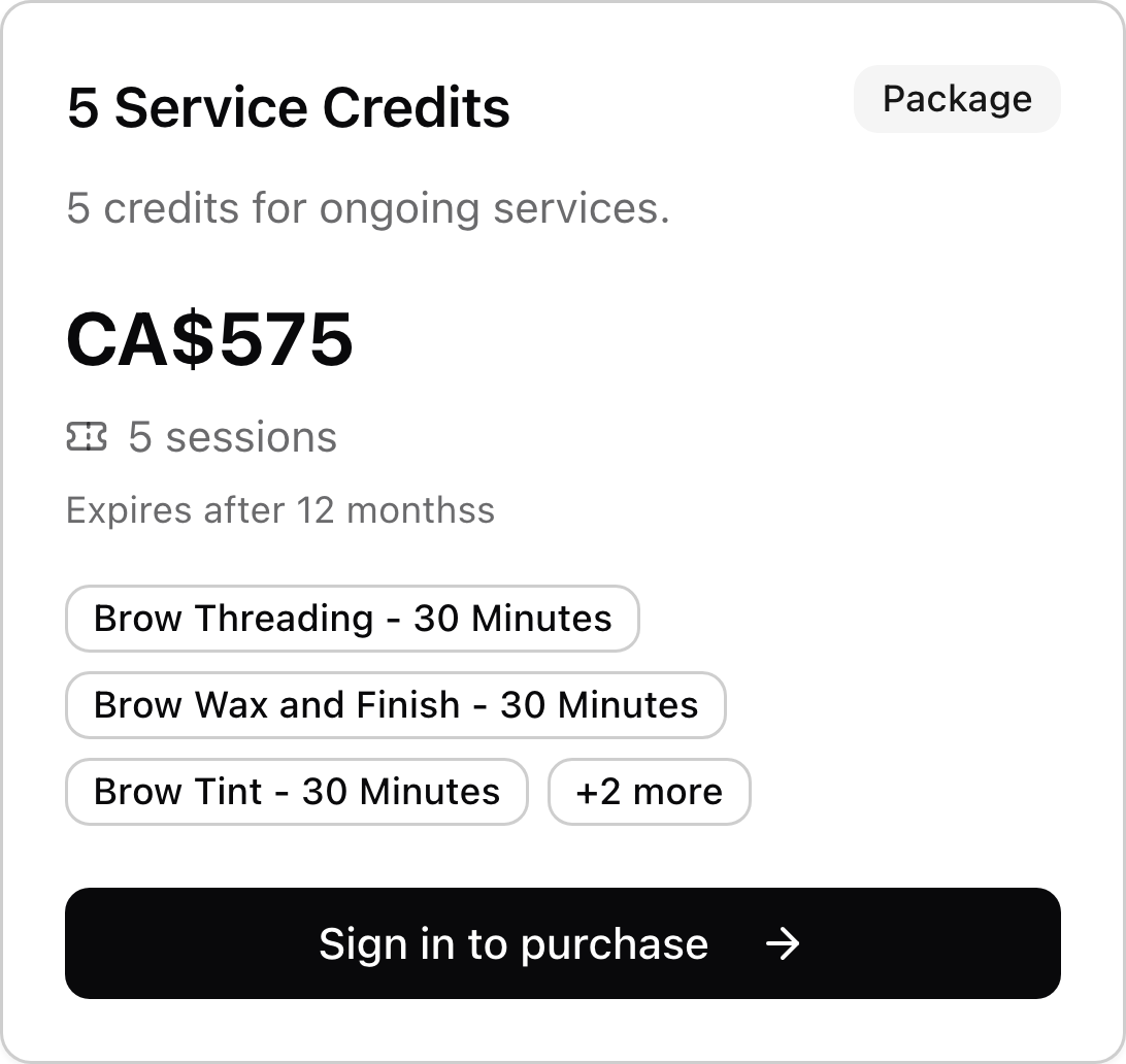 A eyebrow bar credit package with price, included services, and purchase link.