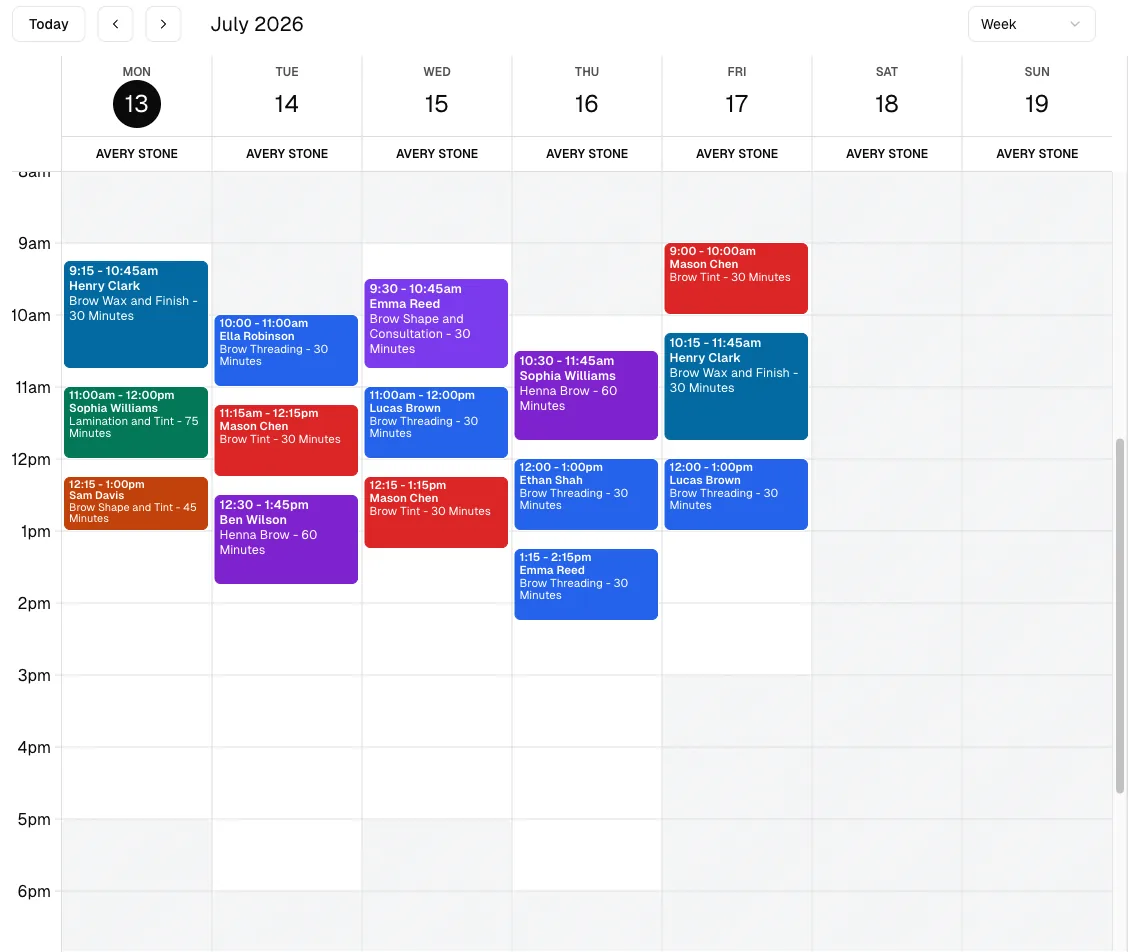 Eyebrow Bar software showing calendar.
