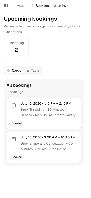 Eyebrow Bar software showing mobile.