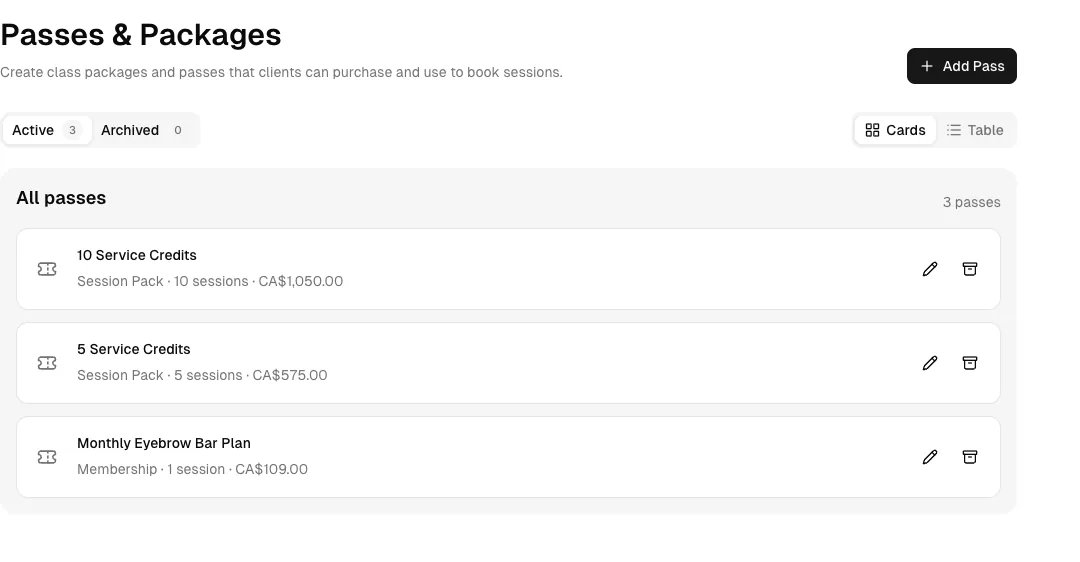 Eyebrow Bar software showing packages.