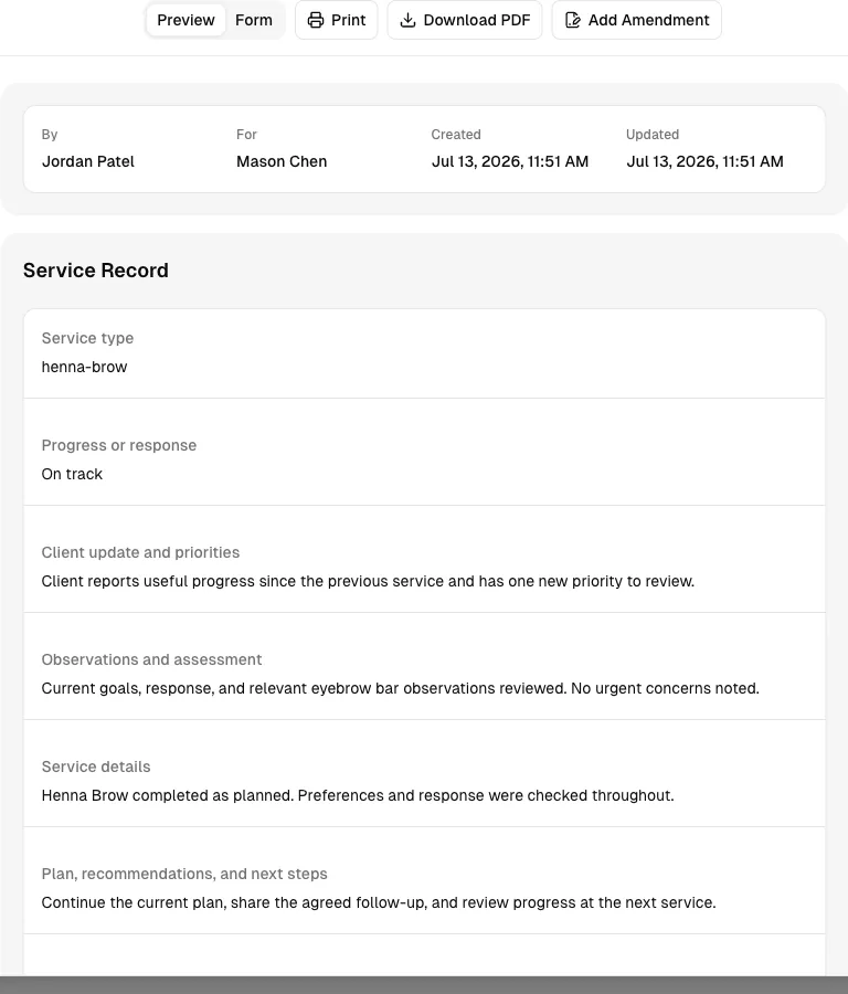 Eyebrow Bar software showing record.