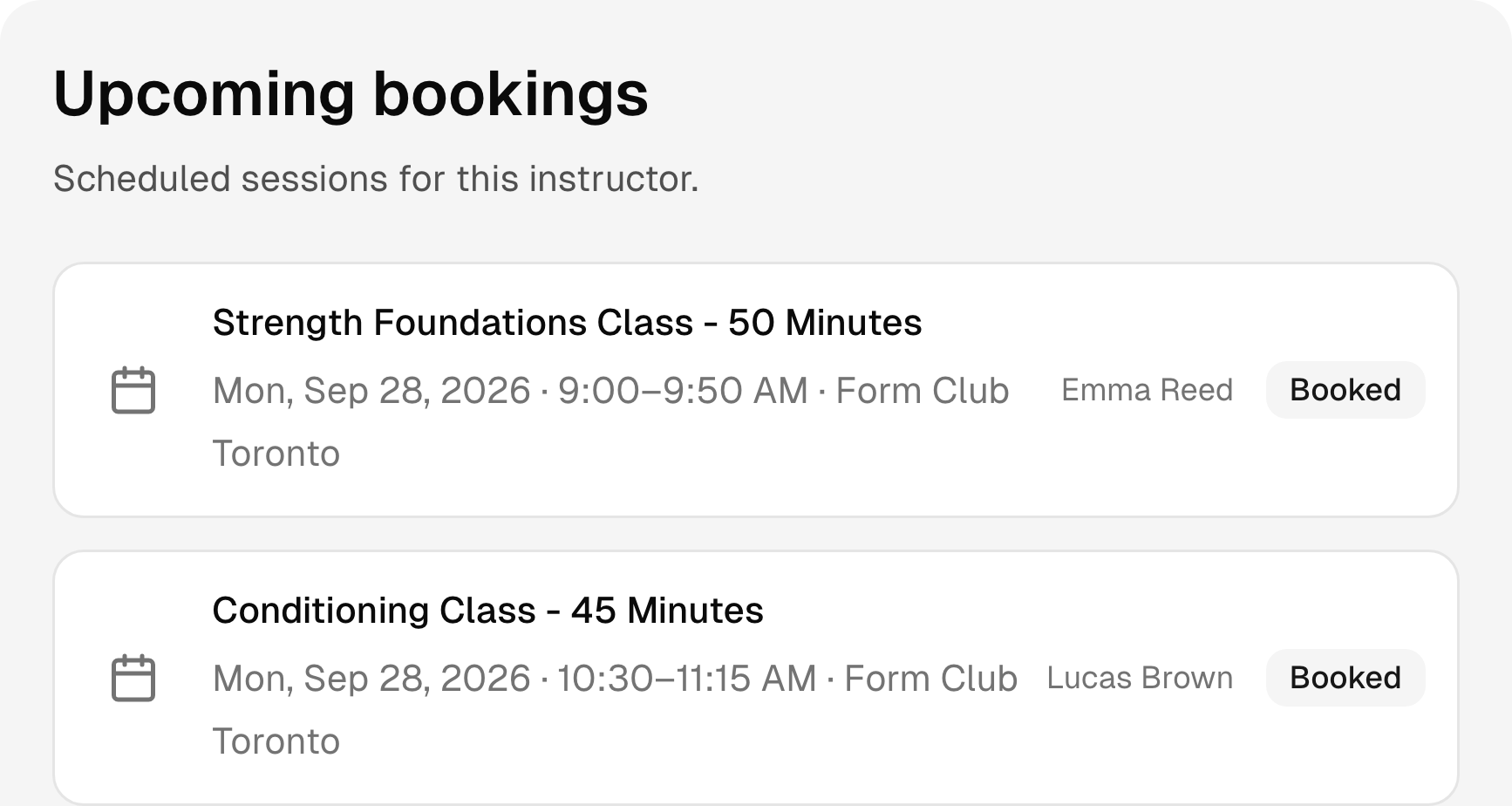 Upcoming fitness studio bookings with services, times, and status.