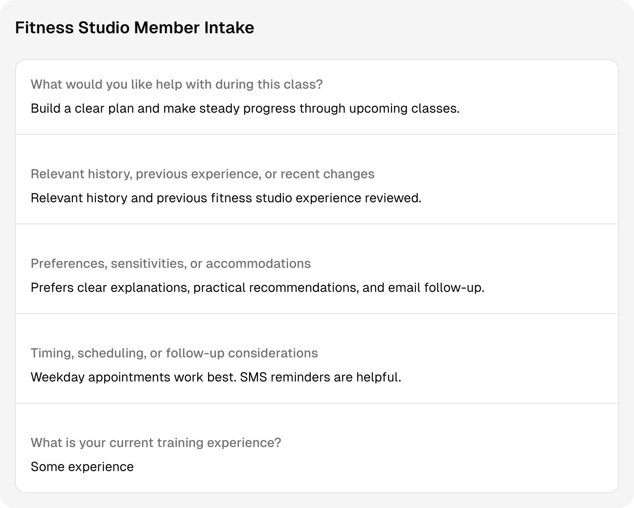 Completed fitness studio intake questions and answers using sample client information.