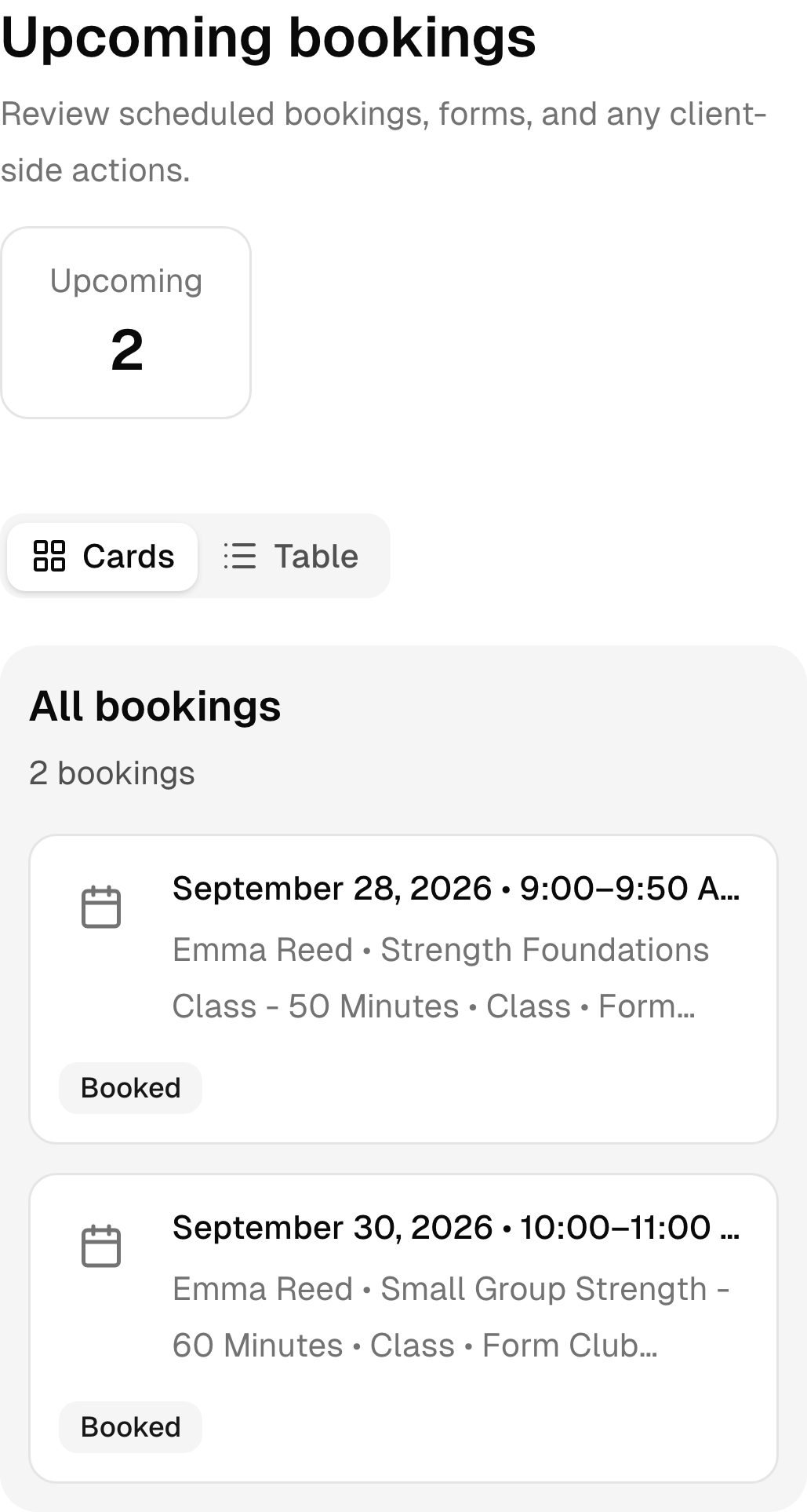 Upcoming fitness studio bookings in the real mobile client portal.