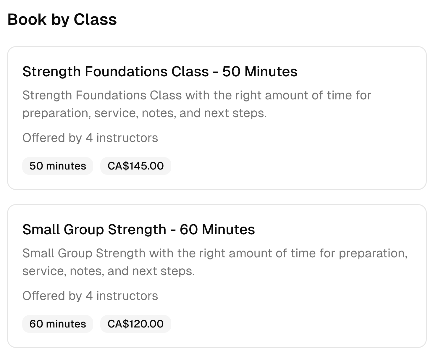 Two fitness studio booking options with their descriptions, duration, team, and prices.