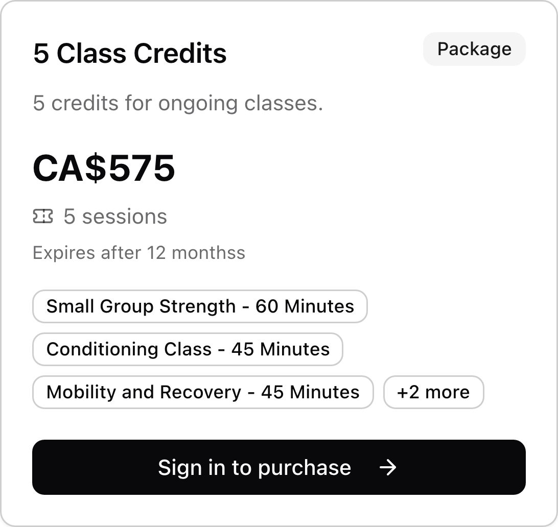 A fitness studio credit package with price, included services, and purchase link.