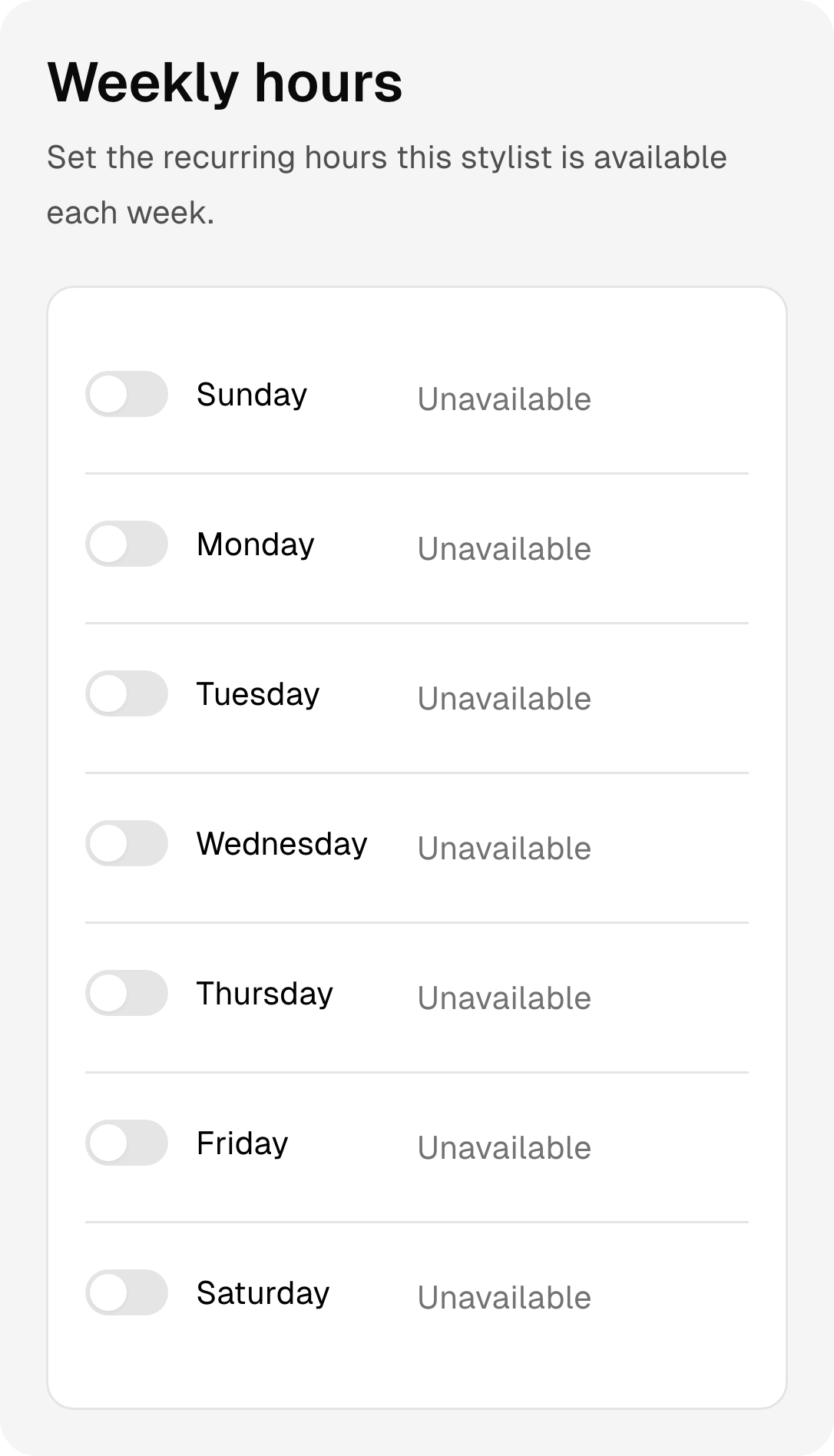 Recurring weekly working hours and days off for the hair salon team.