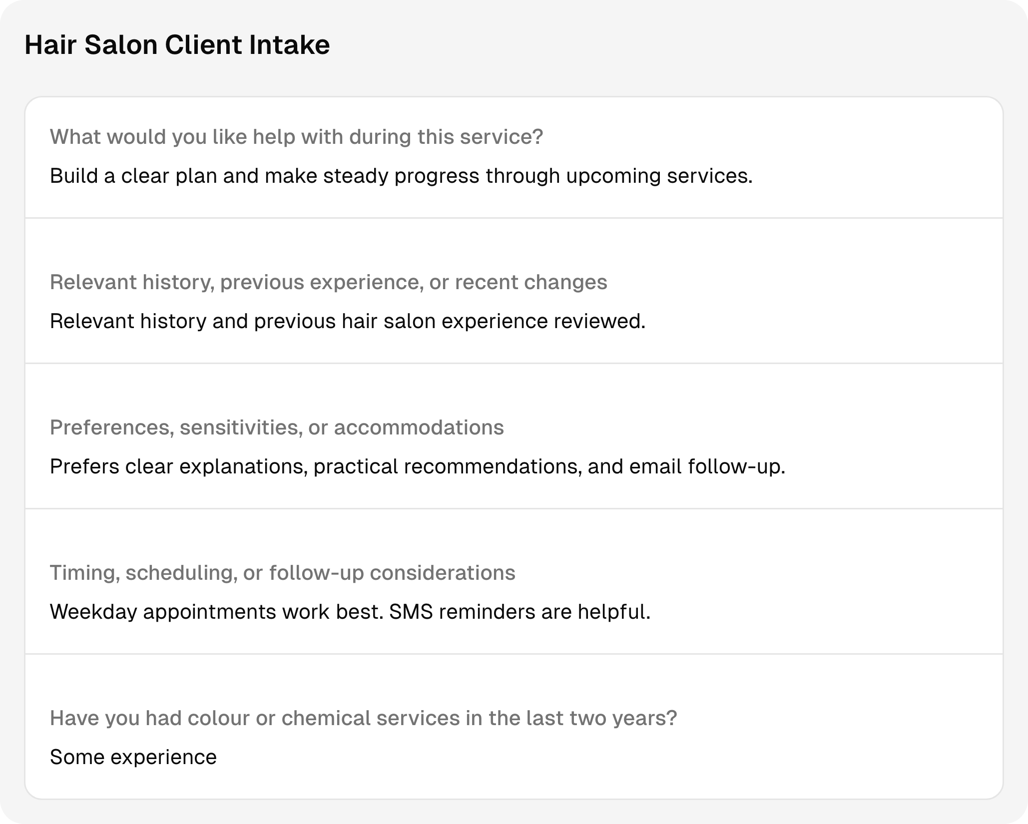 Completed hair salon intake questions and answers using sample client information.