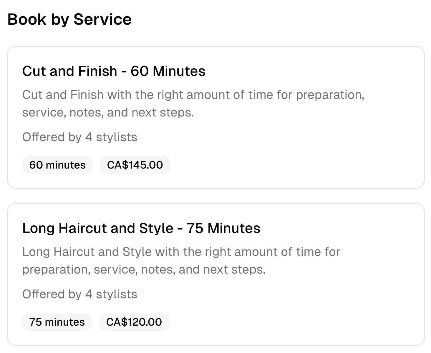 Two hair salon booking options with their descriptions, duration, team, and prices.