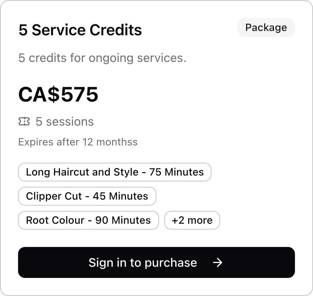 A hair salon credit package with price, included services, and purchase link.