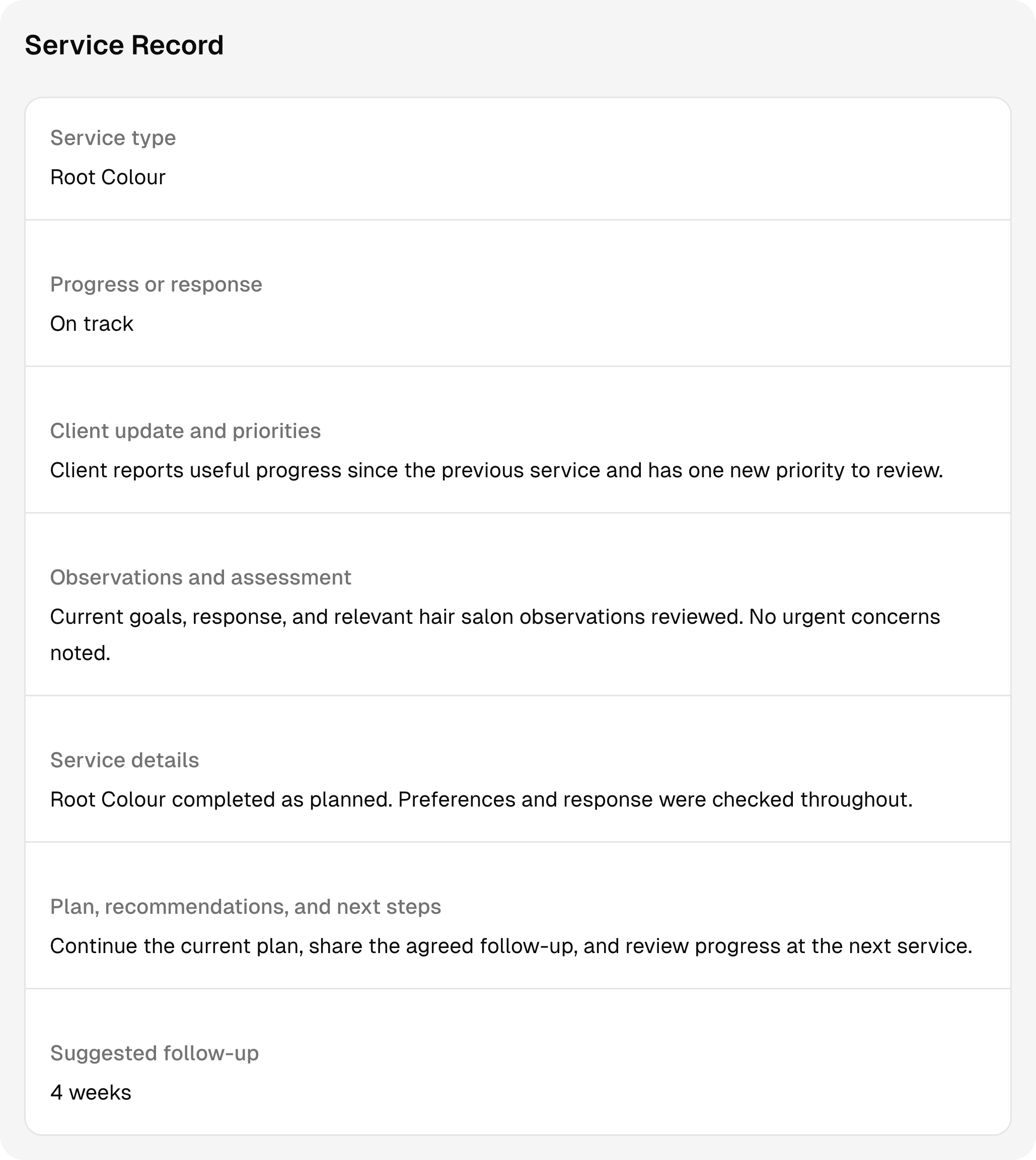 A completed hair salon session record with sample notes and follow-up context.