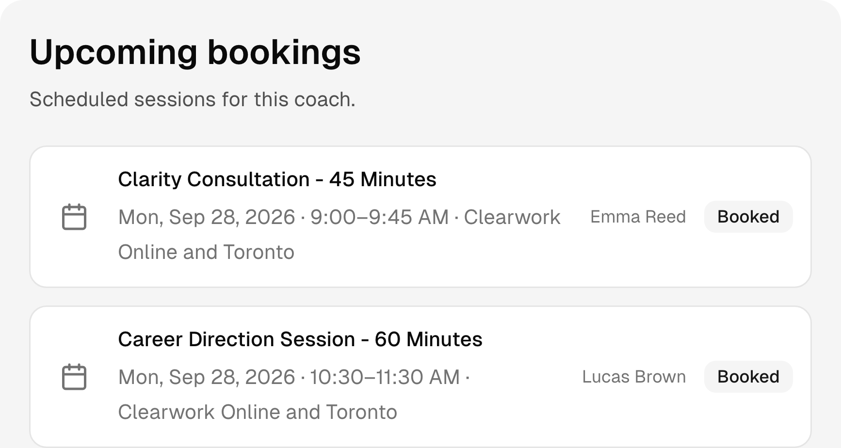 Upcoming life coaching bookings with services, times, and status.