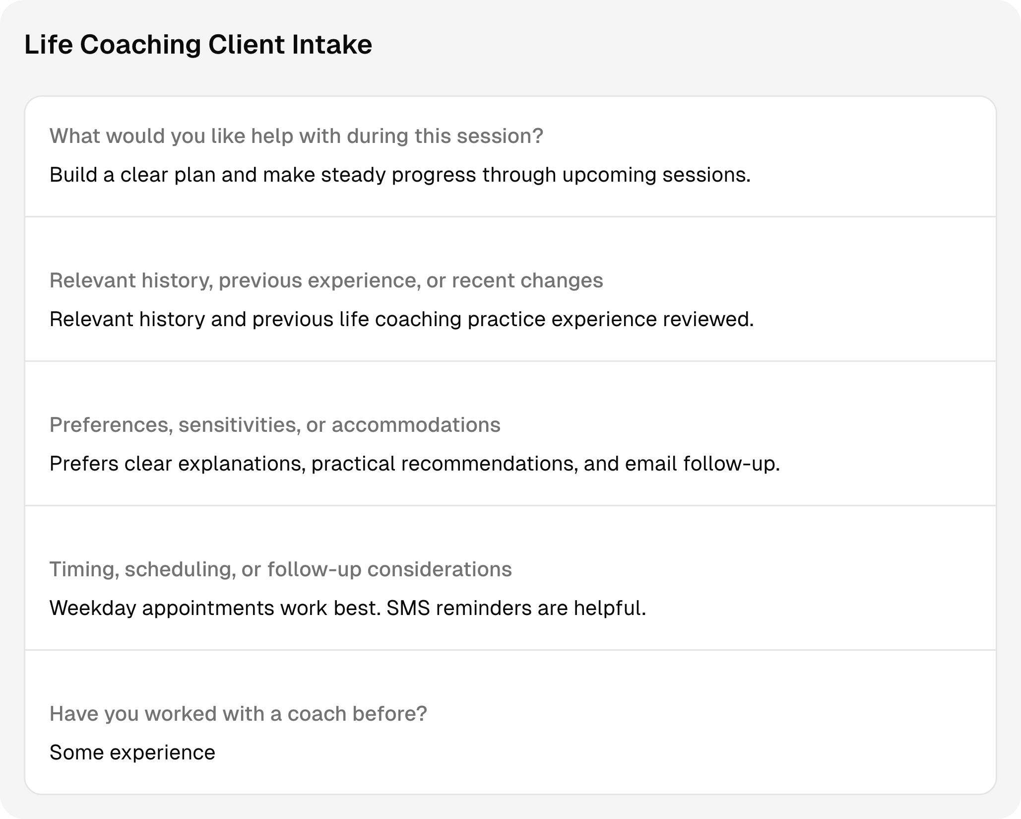 Completed life coaching intake questions and answers using sample client information.