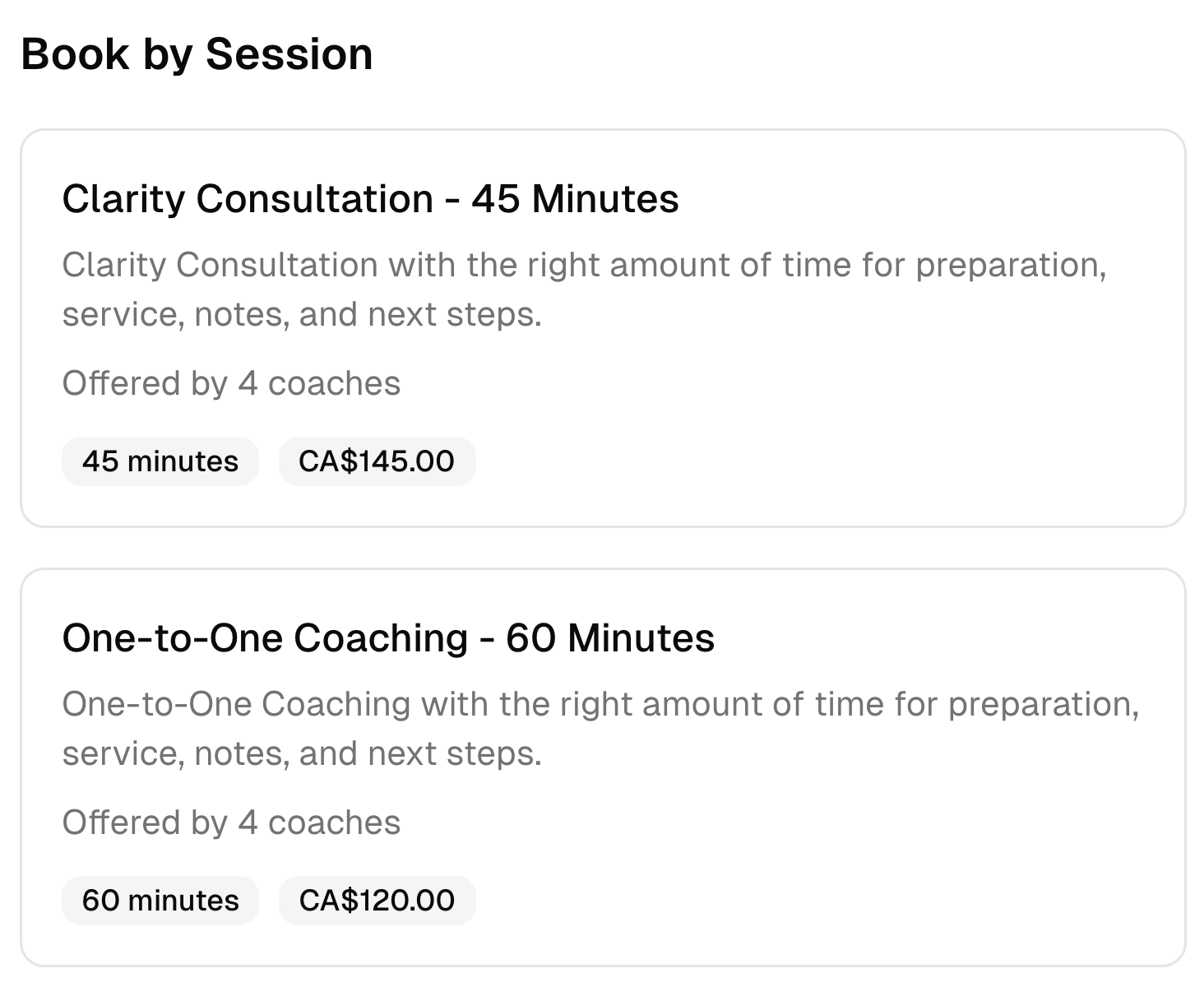 Two life coaching booking options with their descriptions, duration, team, and prices.