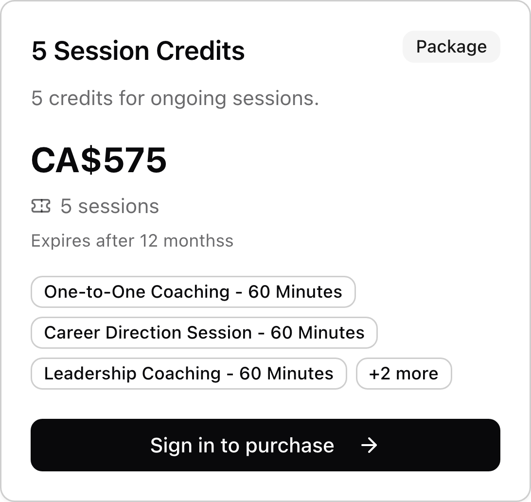 A life coaching credit package with price, included services, and purchase link.