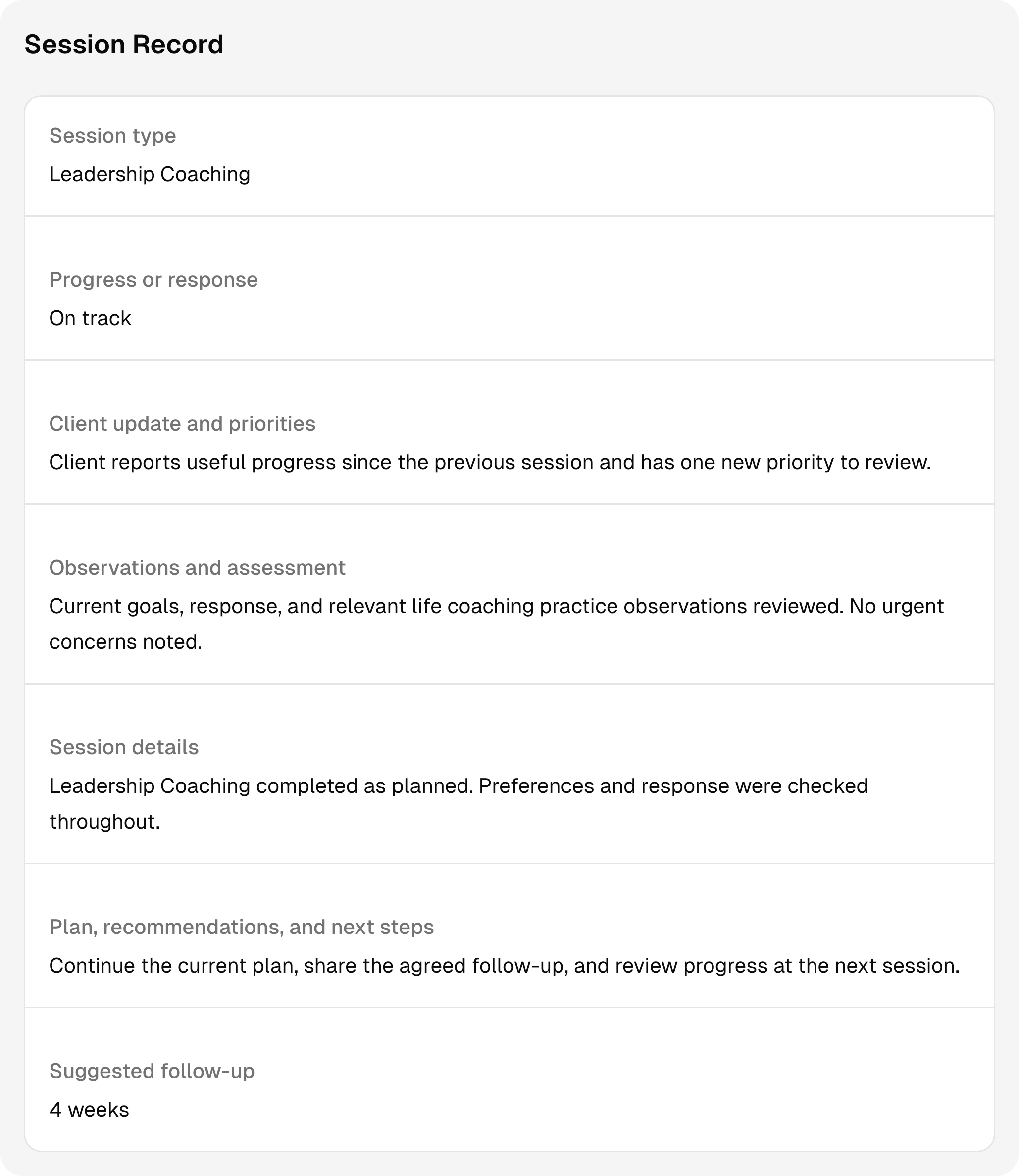 A completed life coaching session record with sample notes and follow-up context.