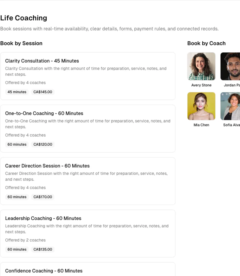 Life Coaching software showing online booking.