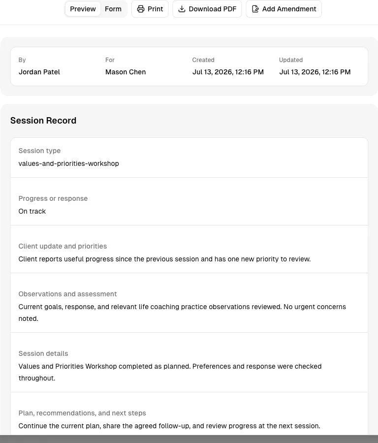 Life Coaching software showing record.