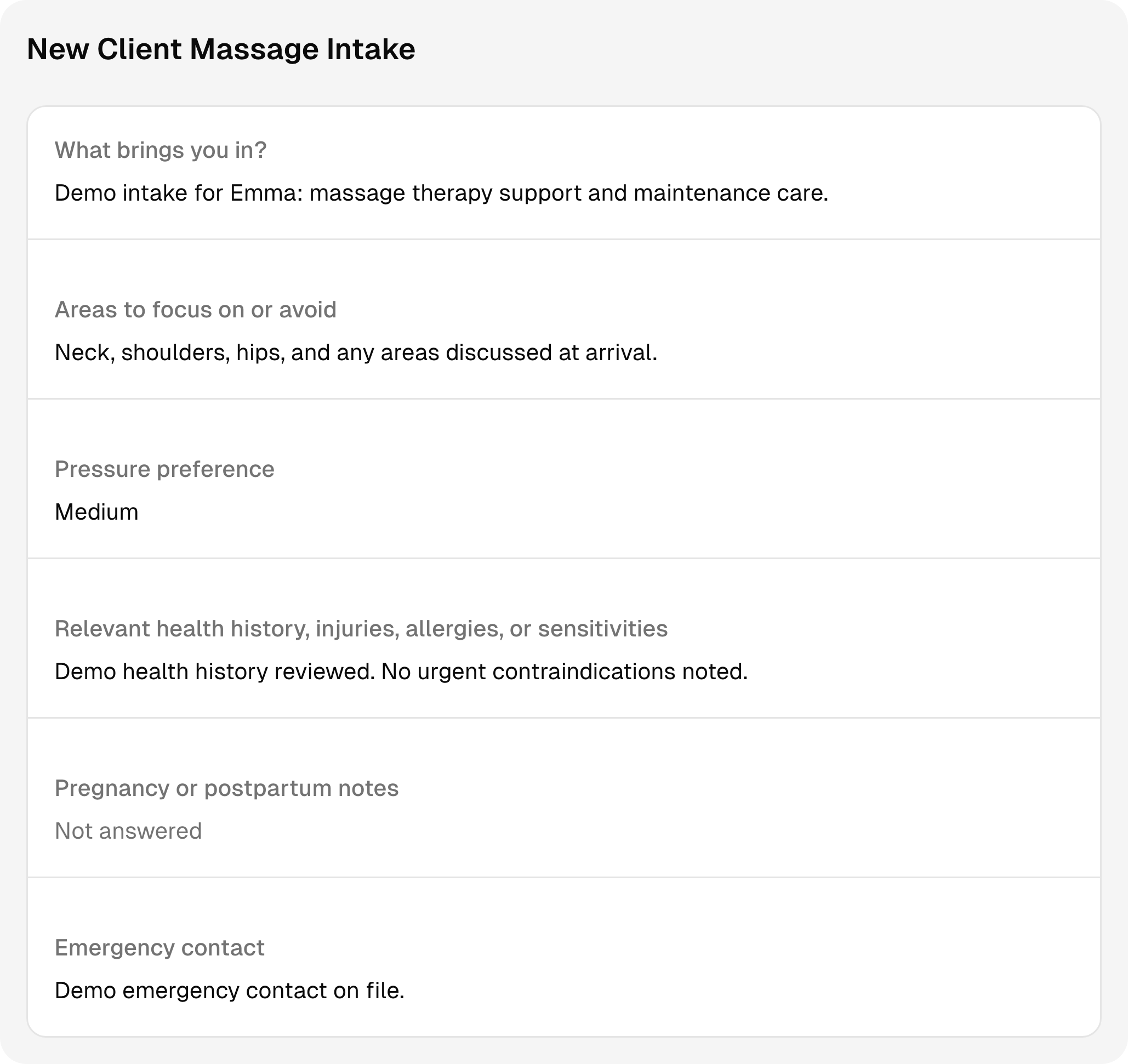 Completed massage therapy intake questions and answers using sample client information.