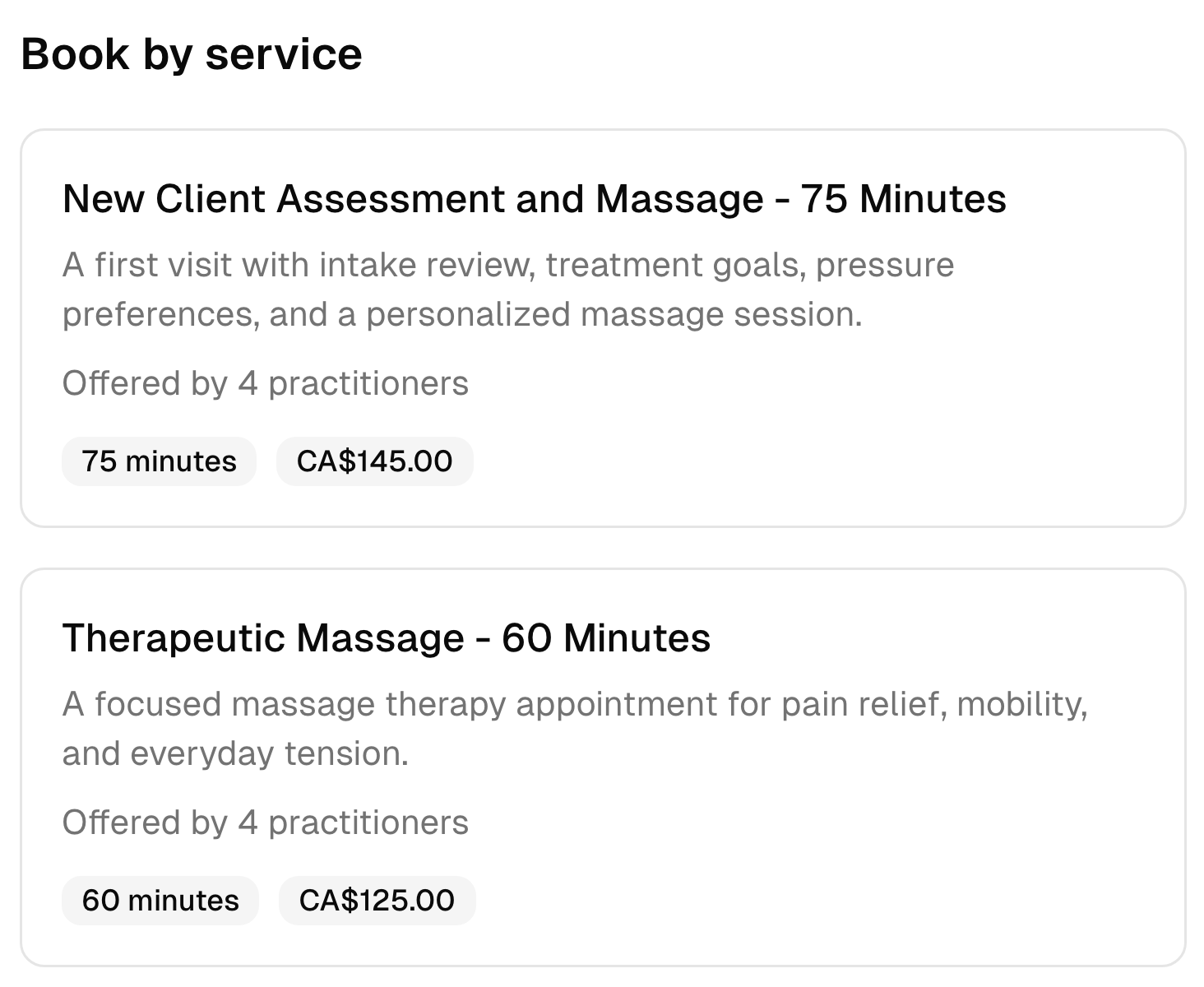 Two massage therapy booking options with their descriptions, duration, team, and prices.