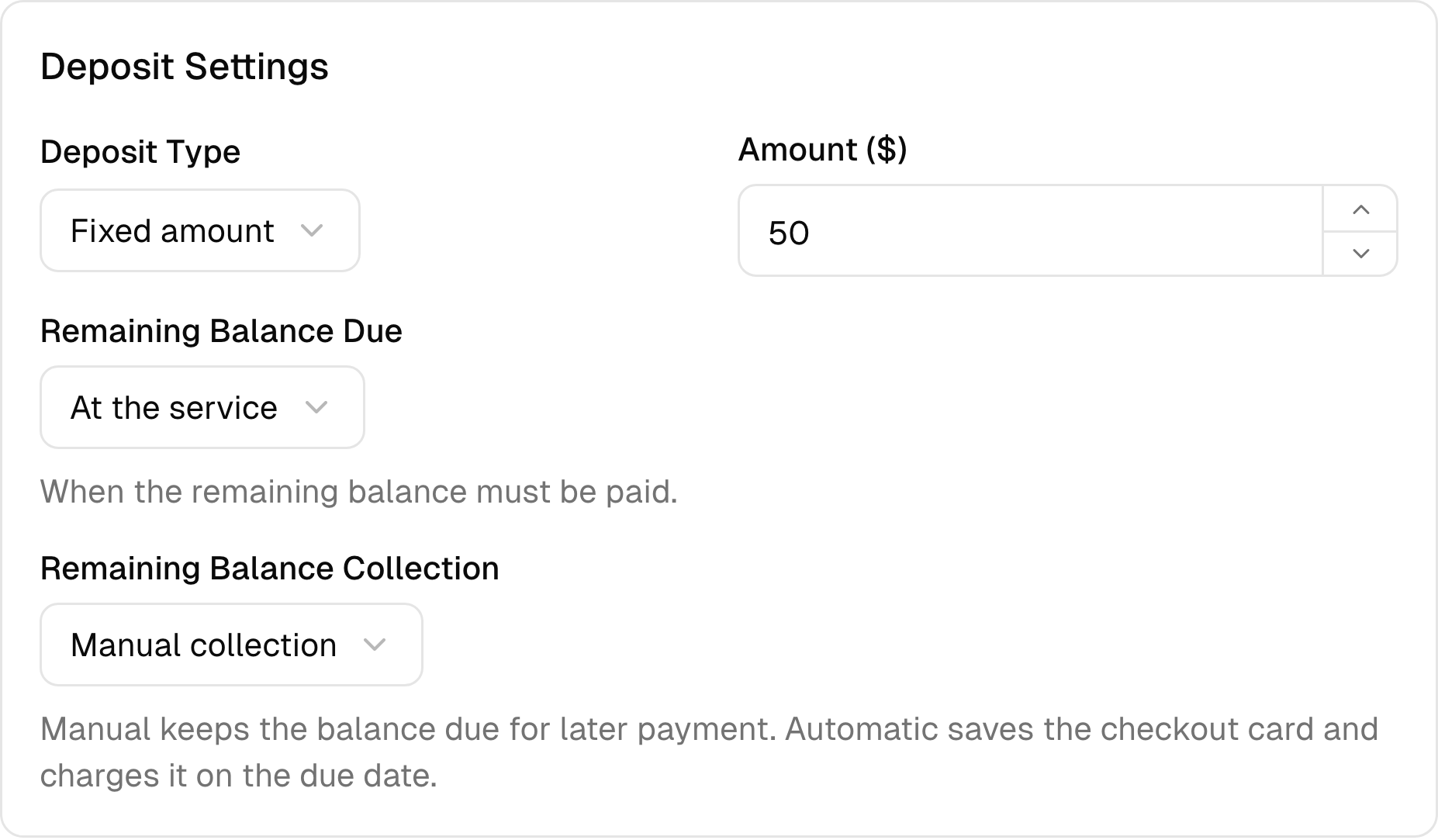 Deposit amount and remaining balance collection settings for a sample service.