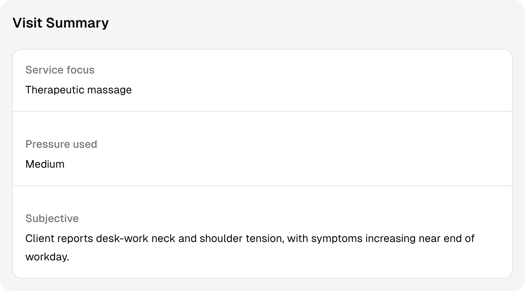A completed massage therapy session record with sample notes and follow-up context.