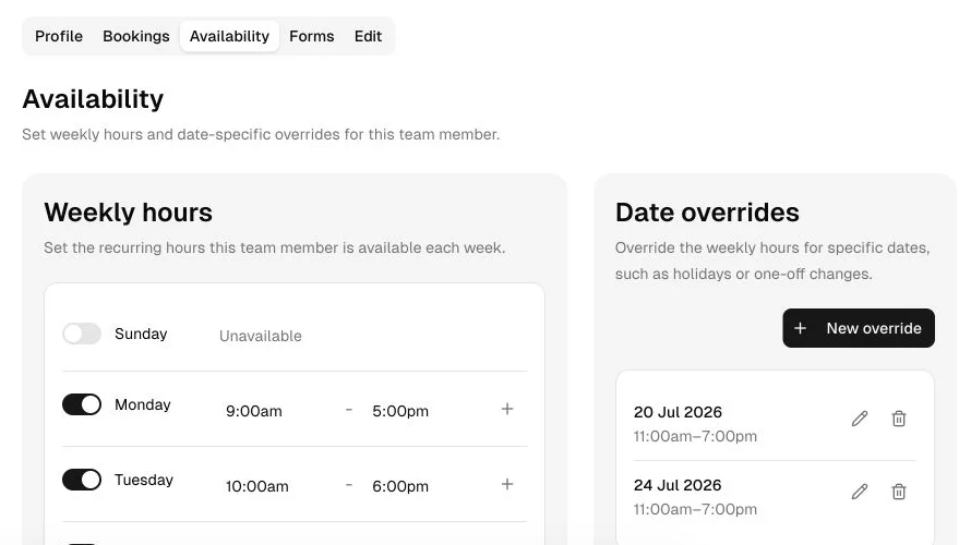 Massage therapist availability settings with varied weekly hours and two date-specific overrides.