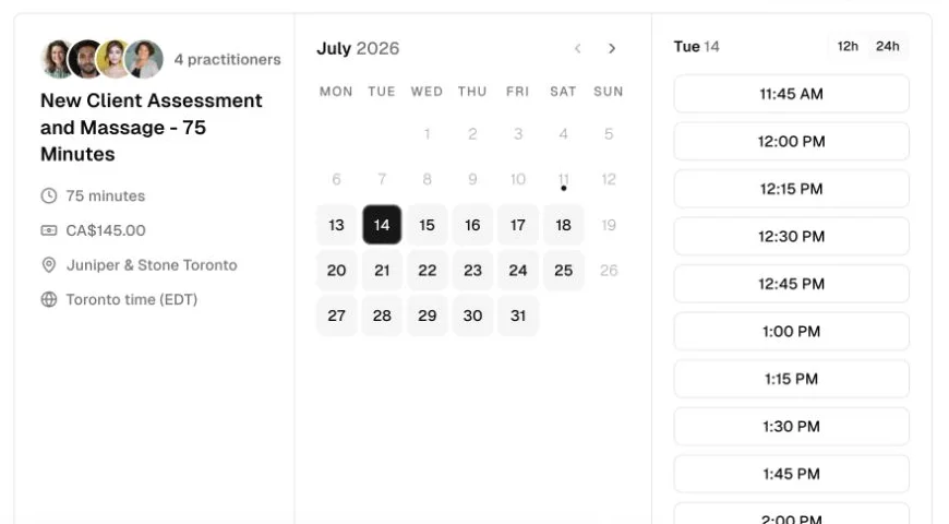 Monthly online booking view with a selected date and available massage appointment times.