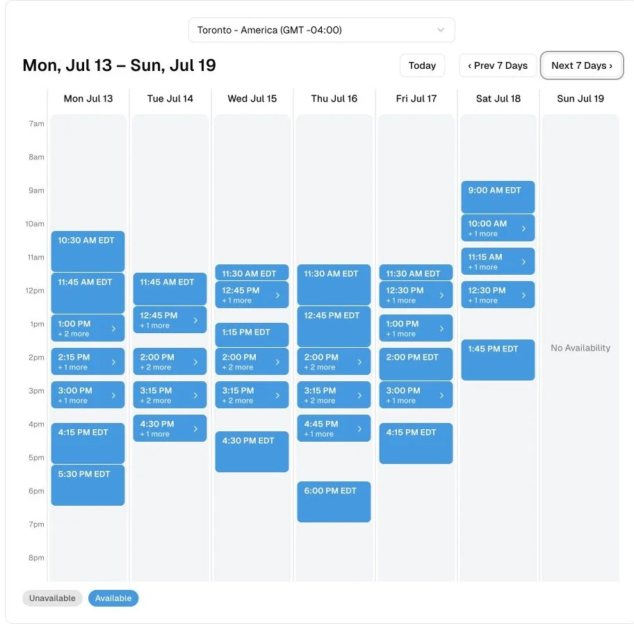 Weekly online booking view showing real massage appointment openings across six days.