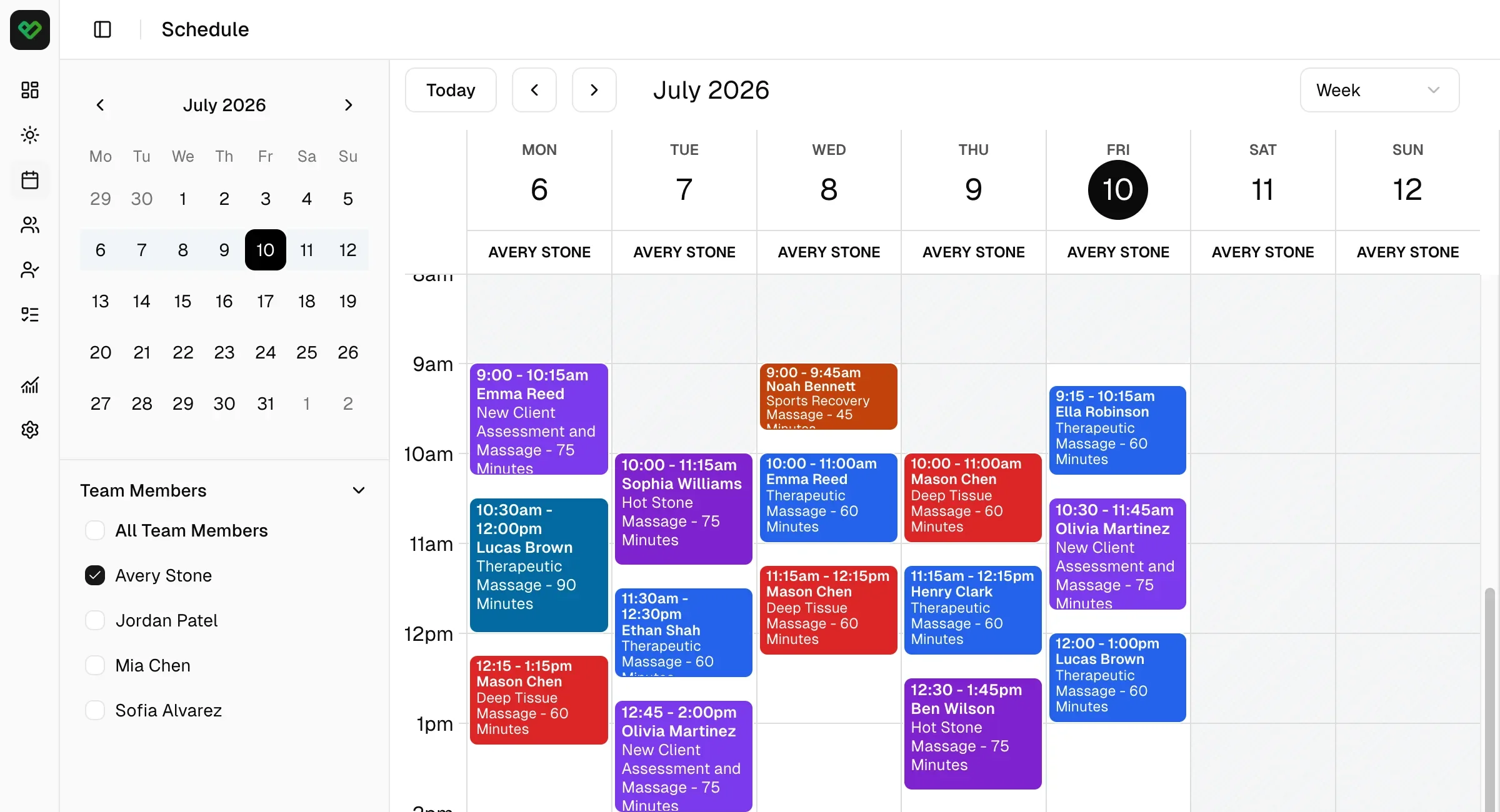 Busy massage therapy calendar with color-coded appointments, availability, and practitioner filters.