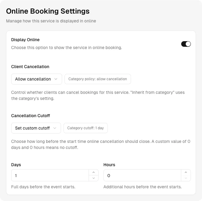 Online booking settings with client cancellation controls and a one-day cancellation cutoff.