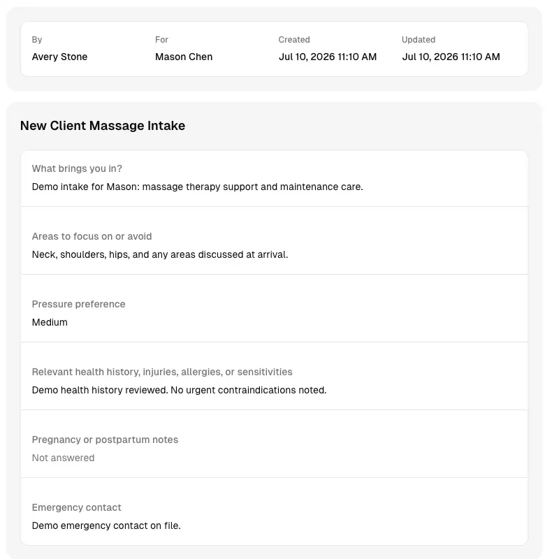 Completed new-client massage intake form with health history, treatment goals, and pressure preferences.