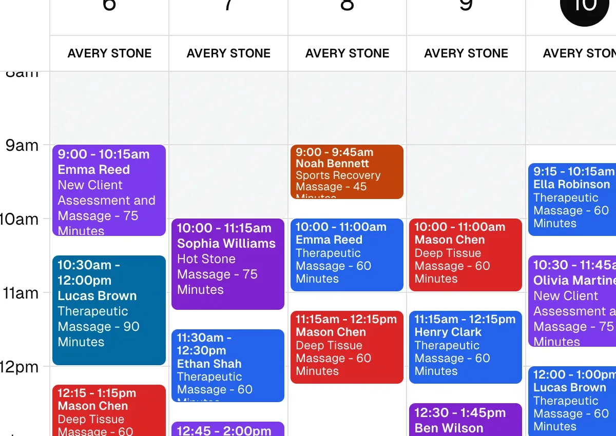 Focused massage calendar showing treatment lengths and useful openings between appointments.