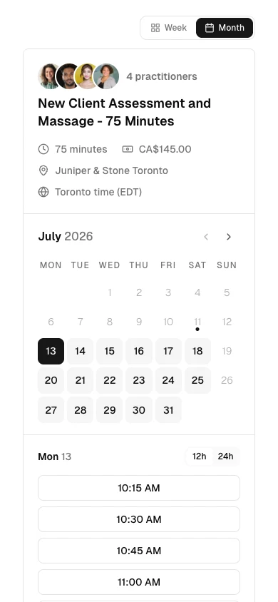 Mobile client booking with a selected service, team member photos, a monthly calendar, and available appointment times.