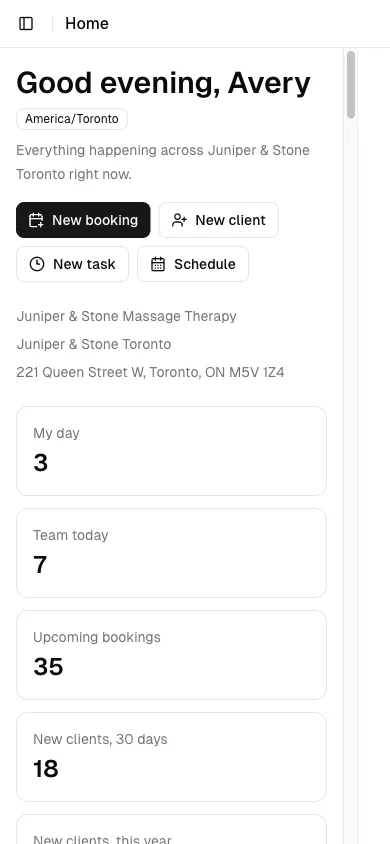 Bookify massage therapy dashboard on mobile with quick actions and daily practice totals.